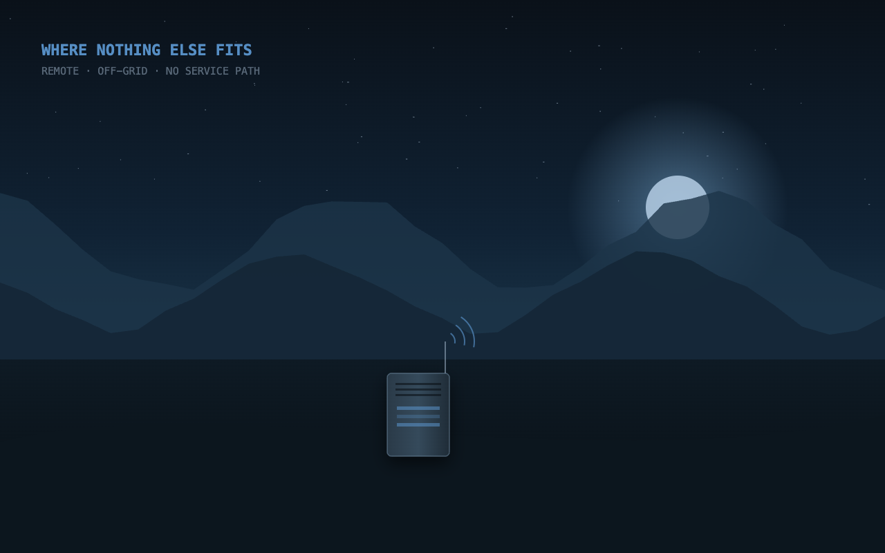 Edge: a lone sealed enclosure in a remote off-grid landscape with no supporting infrastructure