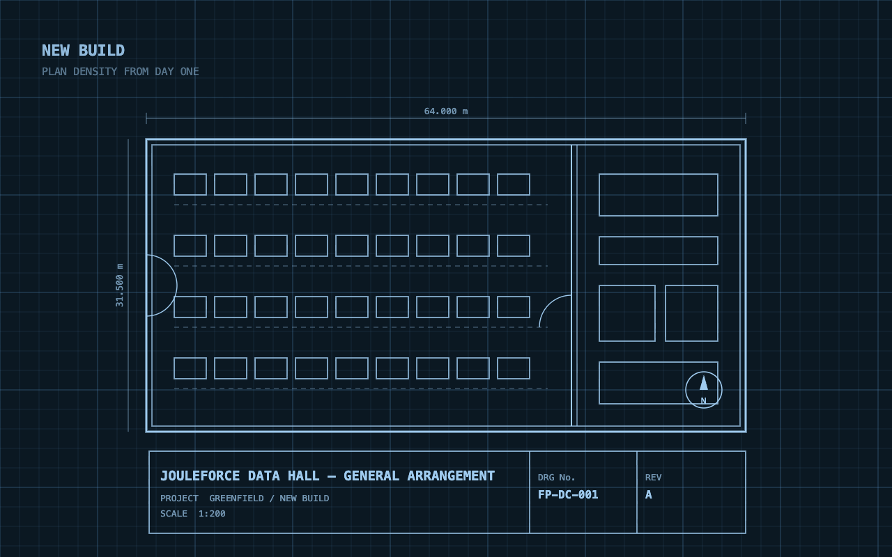 Greenfield: architectural blueprint of a new data hall with density designed in from day one