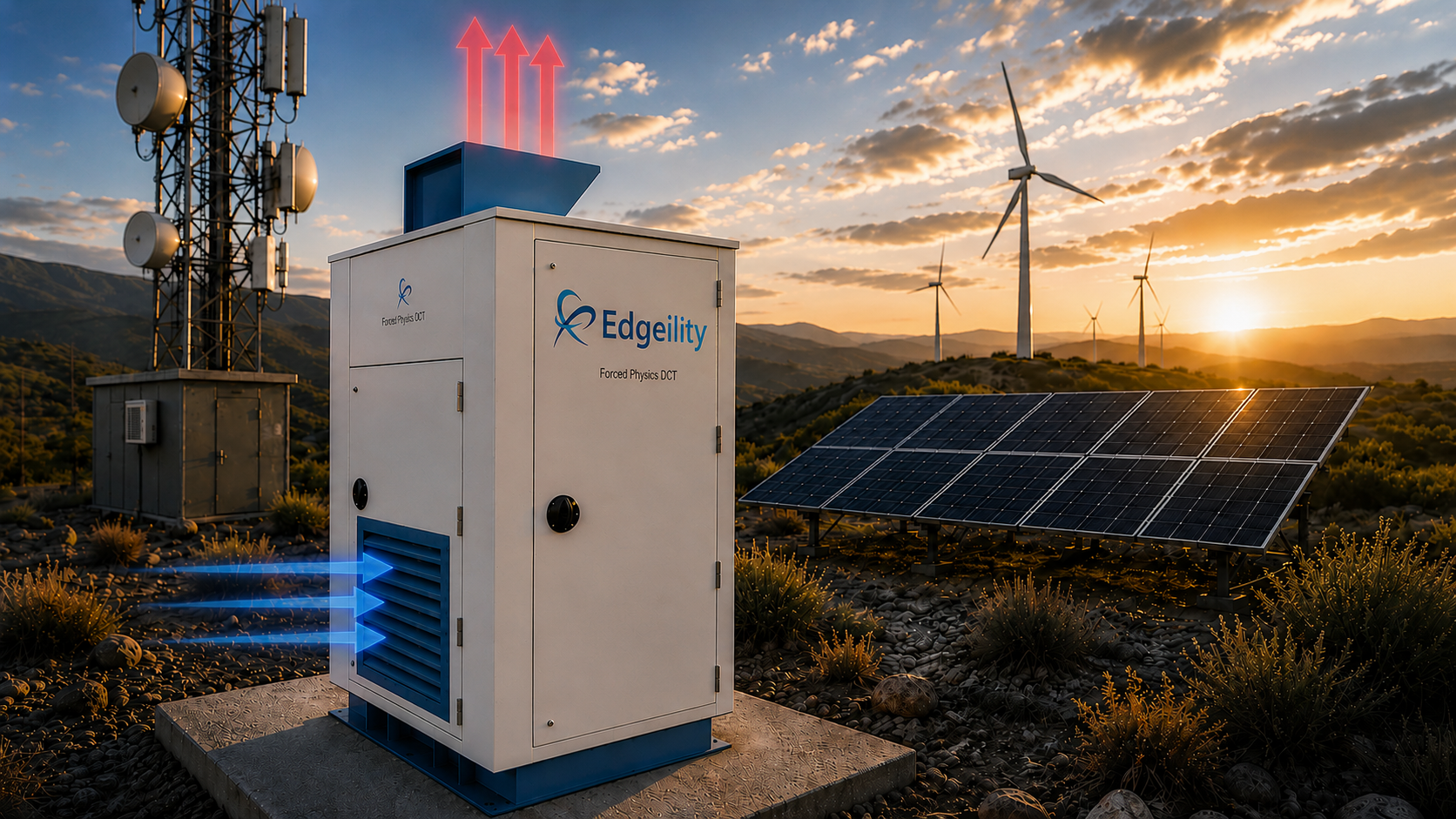 JouleForce edge enclosure deployed at a remote off-grid site with a cell tower, wind turbines, and solar panels at sunset
