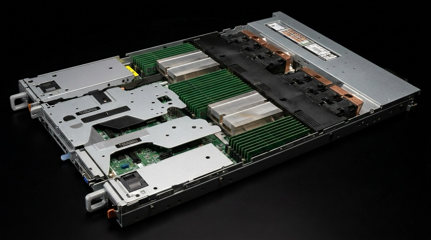 A 1U dual-socket server, shown at an angle on black, with two JouleForce coolers installed over the CPU sockets between the DIMM banks