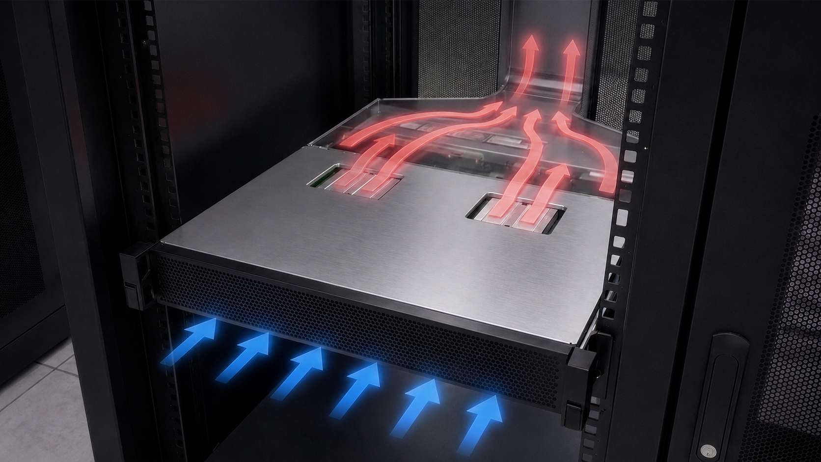 Rack-level diagram: a JouleForce server sled drawing cool air in through the front and exhausting hot air up through the microchannel array into a rear vertical exhaust plenum